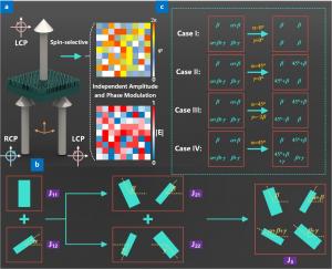 Spin-dependent amplitude & phase modulation via multifold interference via single-layer diatomic silicon metasurfaces