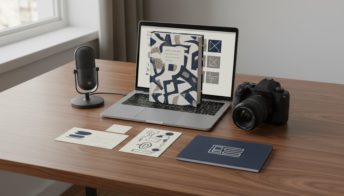 Book, laptop, microphone, camera, and organized publicity materials arranged on a wooden desk.