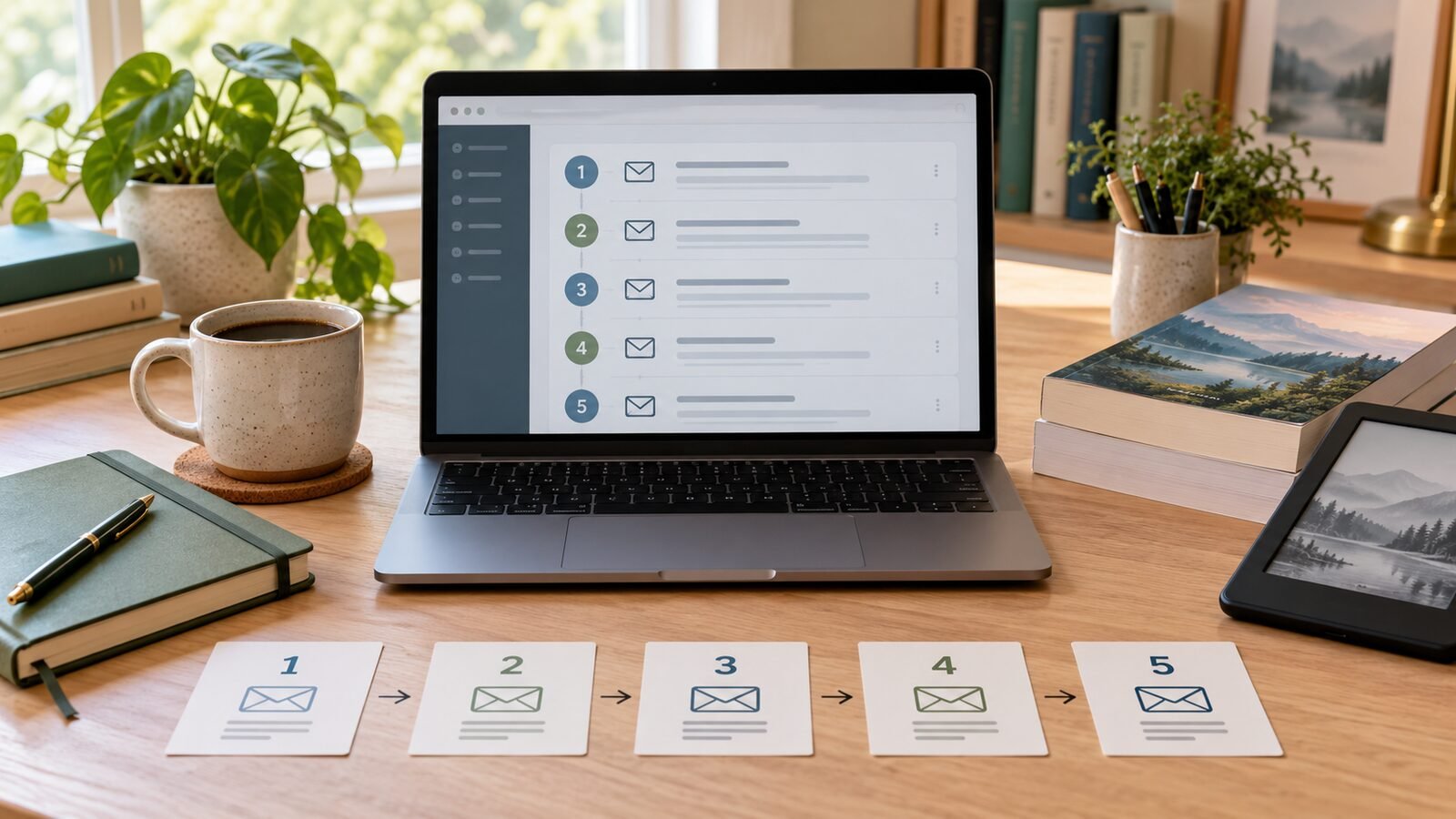 Laptop displaying a five-email welcome sequence beside books, an e-reader, and numbered email planning cards.