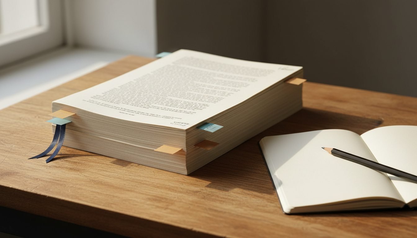 Printed manuscript with colored page markers beside a pencil and open notebook on a wooden desk.