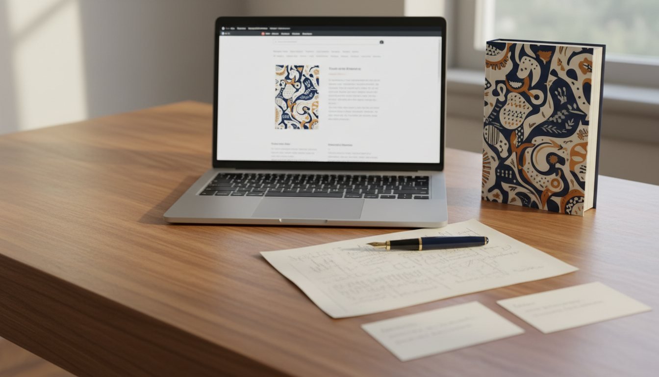 Laptop displaying a book product page beside a hardcover book, edited manuscript page, pen, and blurb-planning cards.