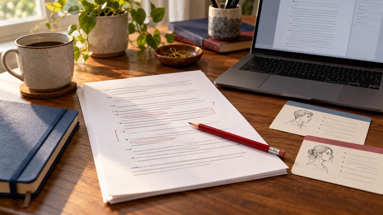 Edited manuscript dialogue beside a red pencil, laptop, and two character note cards on a writer’s desk.