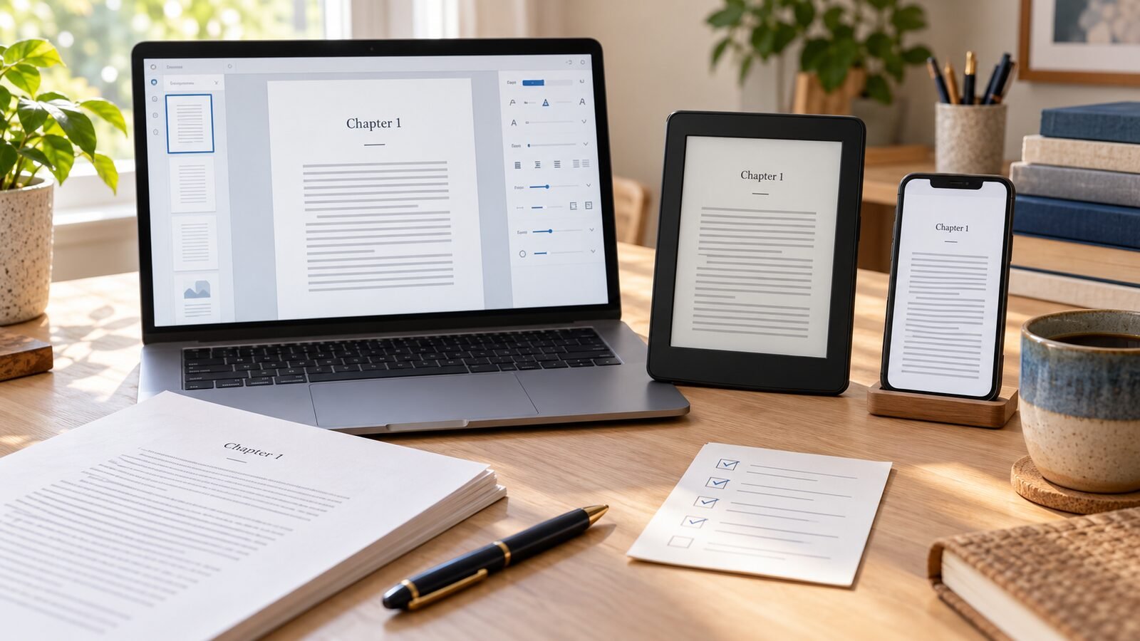 Laptop, e-reader, and smartphone displaying the same ebook chapter beside a manuscript and formatting checklist.
